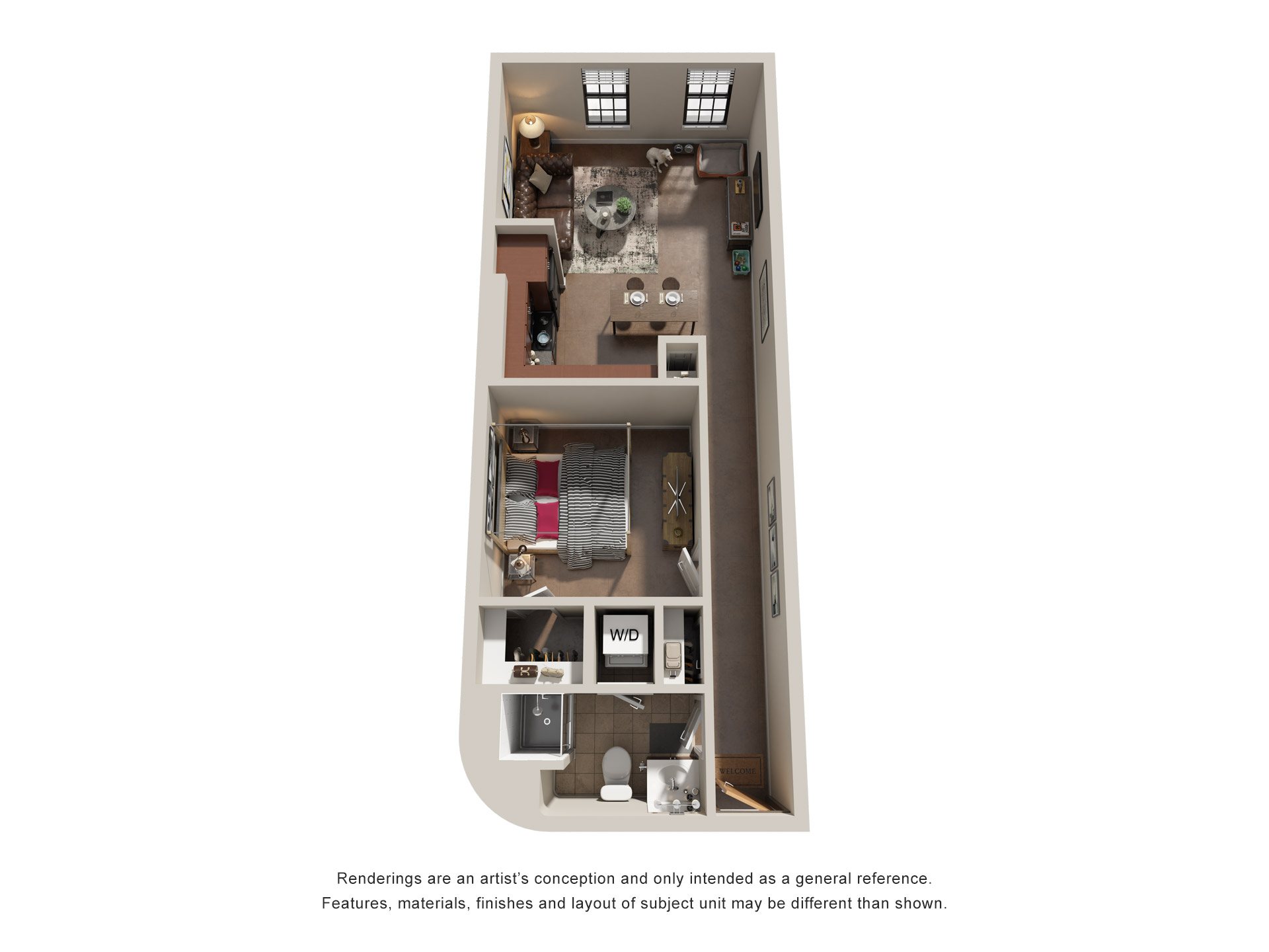 Floor plan for 1 bed, 1 bath, 648 sqft